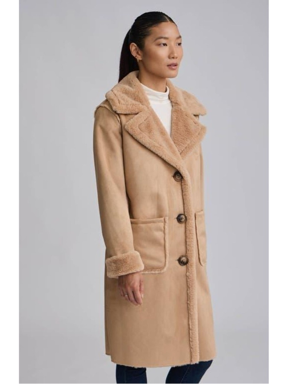 NVLT Camel Faux-Suede Teddy Coat with Shearling Trim